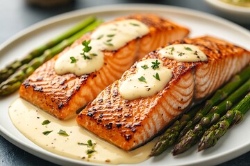 A gourmet dish of seared salmon served with asparagus and hollandaise sauce on a pristine white plate, realistic