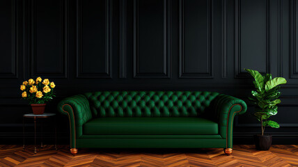 Velvet sofa and wooden flooring interior concept. Elegant green velvet sofa against a dark wall, accompanied by a floral arrangement and a potted plant on a wooden floor.