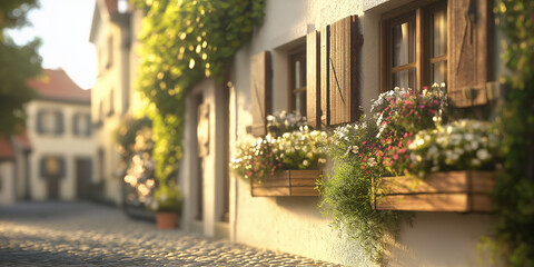 A quaint, sunlit street features cobblestone paving and flower-filled window boxes on charming houses, encapsulating rustic beauty and relaxation.