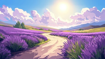 Fototapeta premium Sunny Lavender Fields Path Through Rolling Hills