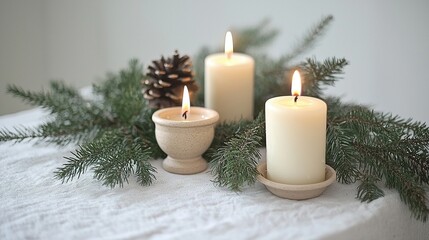 Lit candles, pine bough, pinecone on table, simple background.