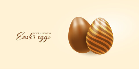 Chocolate Easter eggs, banner, realistic 3d . Vector illustration on transparent background
