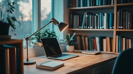 Cozy Home Workspace With Laptop And Bookshelves