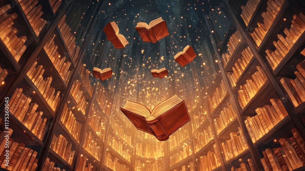 Poster enchanted library with floating books and glowing atmosphere in a magical setting