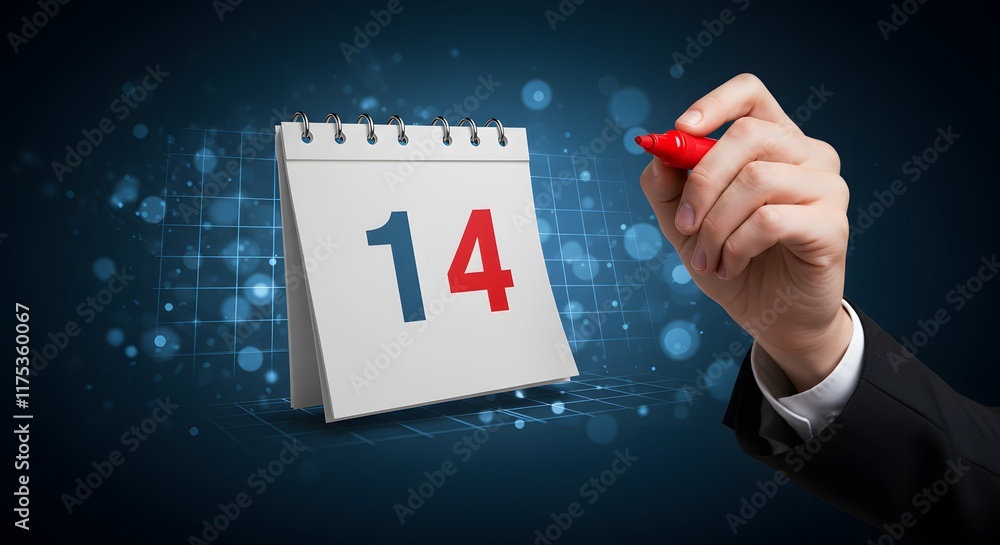 Poster digital calendar planning concept featuring hand marking highlighted date for productivity and organ