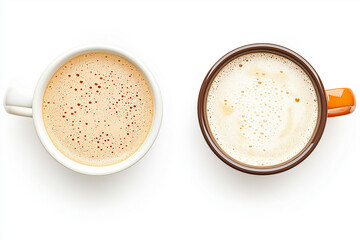 Top-down view of coffee and tea cups with frothy surfaces, neatly arranged on a pure white background, isolated, clipping path included, ultra-clear and full focus