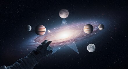 Space exploration hand reaching for planetary alignment with star pattern in cosmic galaxy background for scientific research and futuristic concept art in astronomy