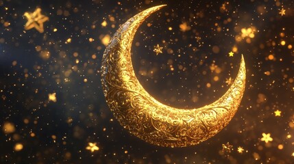 Fototapeta premium 3D golden crescent moon and stars with arabesque patterns, Ultra HD, vibrant Islamic background