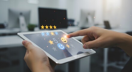 Customer satisfaction rating concept with glowing star rating interaction on digital tablet in modern office setting for service feedback and quality evaluation