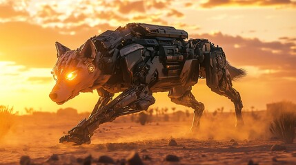 Cybernetic Wolf at Sunset: A Digital Art Masterpiece