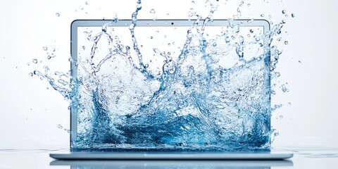 Laptop with water splash effect on the screen, white background. Laptop accident insurance. Computer repair