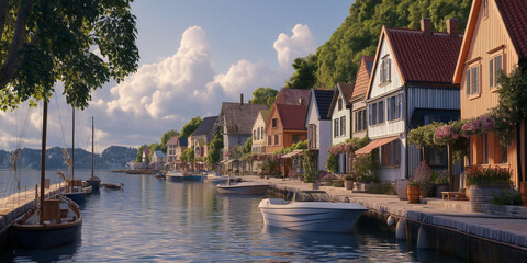Obraz premium A scenic waterfront village with colorful houses lined along the shore, boats docked peacefully and a soft, serene sky setting a picturesque coastal scene.