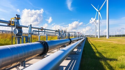 Industrial landscape featuring pipelines and wind turbines under a blue sky with clouds.