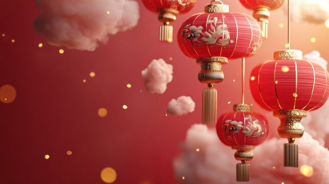春节, Chinese new year, Patterned Background with Lanterns and Clouds