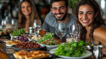 A lively dining scene featuring friends enjoying a variety of dishes at a table.