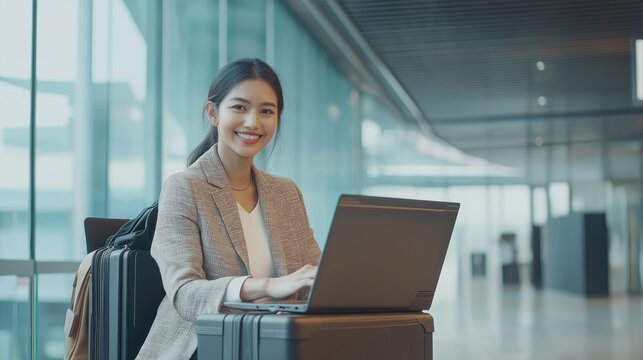 A middle-aged Latin man is happily engaged in his work at a bustling airport terminal. His laptop is open, and he exudes confidence as he combines travel with productivity