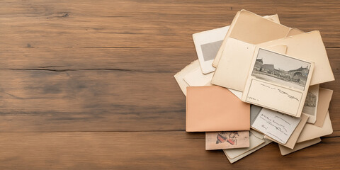 An assortment of vintage photographs and postcards is thoughtfully arranged on a rustic wooden surface, creating a nostalgic scene that evokes memories and history.