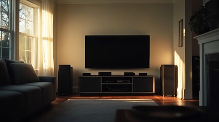 Living Room Home Theater Setup With Evening Sunlight