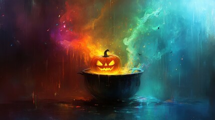 A jack-o'-lantern floating in a bubbling cauldron with colorful smoke swirling around it