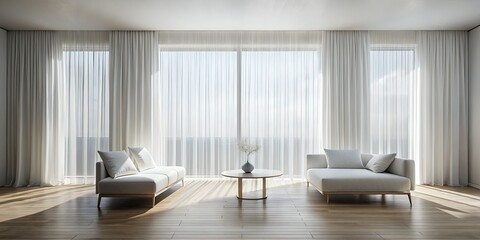 Fototapeta premium Modern Minimalist Interior: Long Exposure White Curtains Mockup - Stock Photo