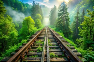 Obraz premium Mystical Forest: Double Exposure of Old Railroad Trestle and Lush Greenery