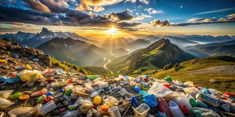 Fototapeta premium Mountains Suffocated: Plastic Waste Threatens Alpine Ecosystem