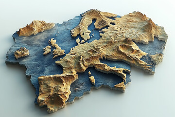 Obraz premium Three dimensional model of European terrain and geography