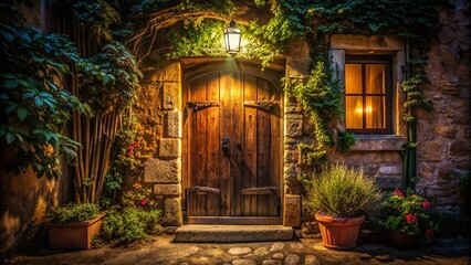 Fototapeta premium Old Weathered Wooden Door at Night - Rustic House Entrance Stock Photo