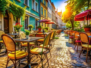 Parisian Street Cafe: Outdoor Tables & Chairs, Sunny Day, Cobblestone Street