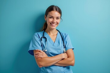 Confident Young Female Nurse in Blue Scrubs with Stethoscope Smiling Against Blue Wall - Perfect for Healthcare Advertising or Medical Profession Promotion