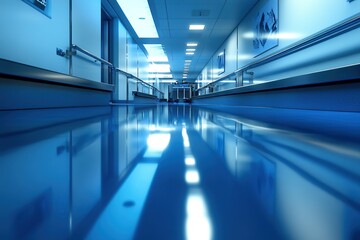 Exploring a Modern Hospital Corridor's Clean, Bright, and Sterile Design with Reflective Floors, Metal Handrails, and Recessed Lighting.