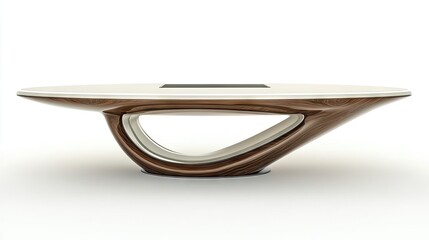 A futuristic oval table with a sculpted wooden base and a sleek white top. Ideal for modern living rooms or executive offices.