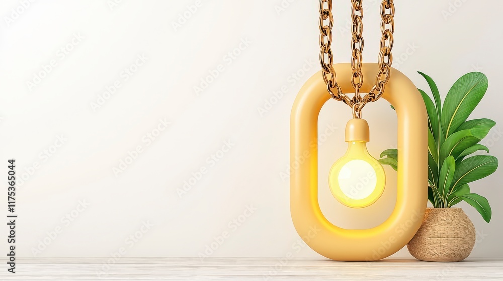 Wall mural Modern pendant light design with chain and plant on minimalistic background