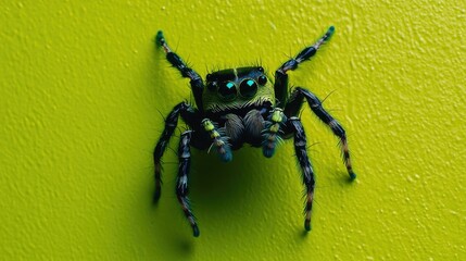 A jumping spider captured on a bright lime green background, showcasing its curious demeanor