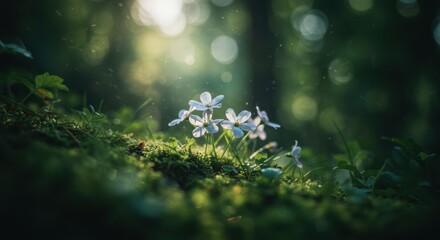 A captivating macro shot of small white wildflowers growing out of mossy ground in a forest setting