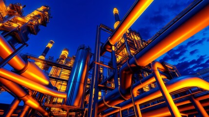 Industrial landscape featuring illuminated pipes and structures against a twilight sky.