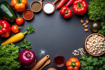 kitchen setup fresh ingredients cooking essentials grey background