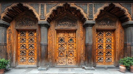 Obraz premium Intricate Carved Wooden Doors of an Ancient Building: A Glimpse into Architectural History