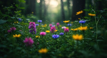 Obraz premium A stunning photograph of a wildflower meadow in a sun-dappled forest