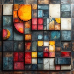 Fototapeta premium Abstract colorful mosaic artwork with geometric shapes and textured tiles.