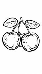 A simple line art drawing of three cherries with leaves. Ideal for coloring pages or simple design elements.