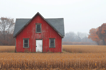 Obraz premium Red Barn Stands in Autumn Cornfield