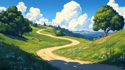 Winding Country Road Through Lush Green Hillscape