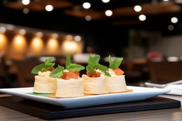 Elegant Appetizer Platter - Gourmet bites, creamy cheese, fresh mint, vibrant tomato, delicate...