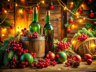 Rustic Wine Cellar Holiday Decor: Macro Green & Red Festive String Lights