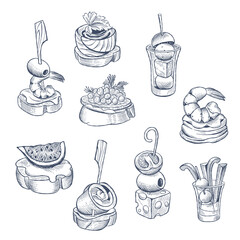 A set of hand drawn appetizers and canapes in a linear style. Finger food with various ingredients. Vector illustration
