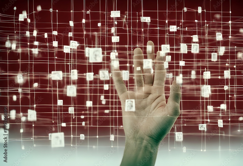 Poster red interconnected human white squares places lines hand r icons array