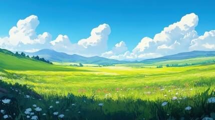 Obraz premium Sunny Meadow Landscape With Rolling Hills And Fluffy Clouds