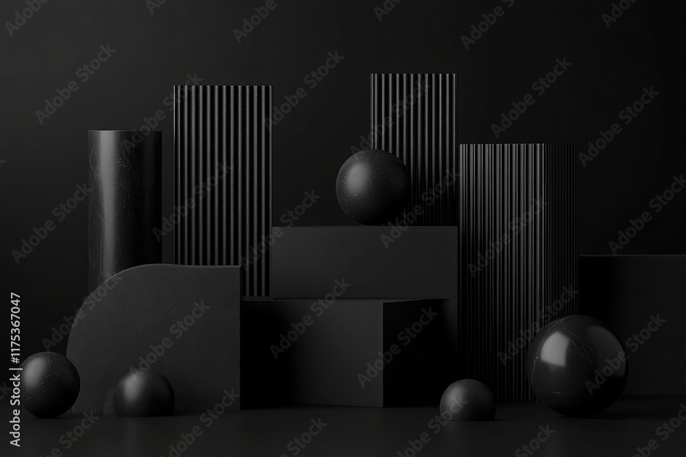 Poster minimal black abstract background with geometric shapes and subtle shadows, ideal for modern and sle