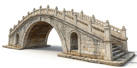 A Beautiful Ancient Arc Stone Bridge Isolated on a Bright White Background